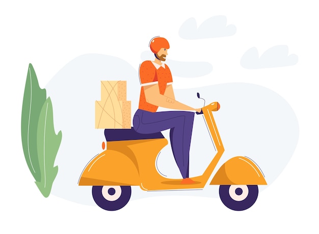 Delivery Man Riding Scooter mit Paket. Schnelles Lieferversand-Service-Konzept mit männlichem Charakter auf Motorrad.