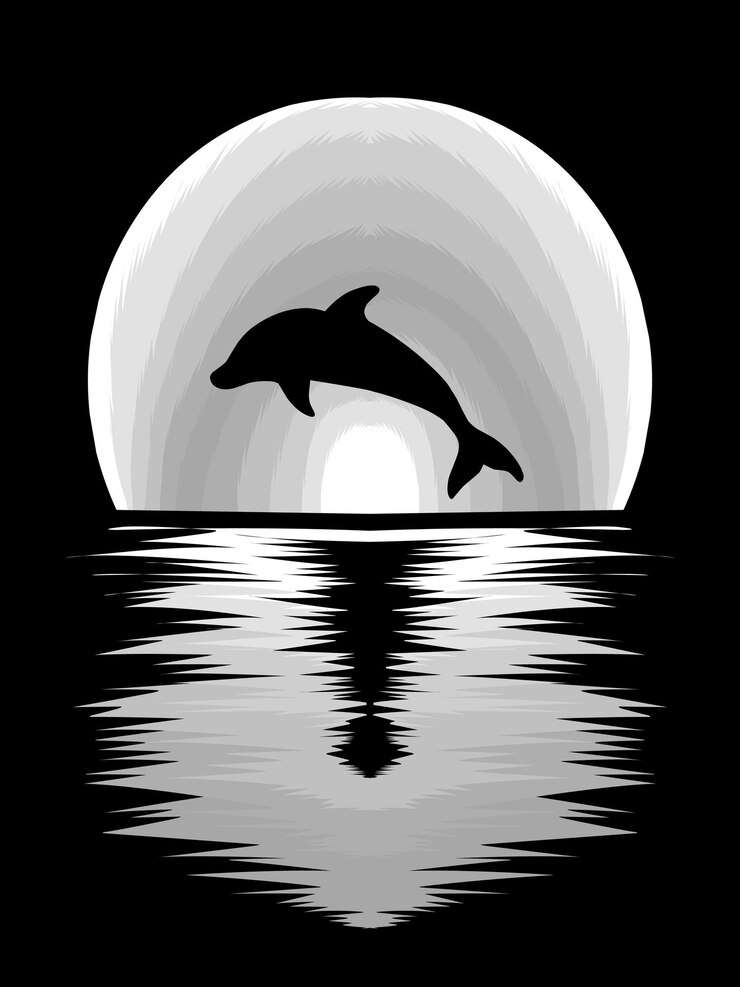 Vektor delphin-silhouette bei vollmond