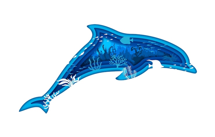 Vektor delphin-silhouette mit meeresunterwasser-papierschnitt