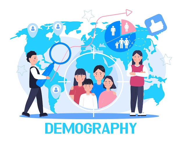 Demographer-konzeptvektor für landing page wachstumsbevölkerung in der welt demografische experten analysieren datenzahlen von frauen-männer-familien diagramme kartenetikett