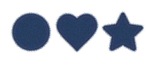 Denim kreis-, herz- und sternformen mit stichen. zerrissener jeans-patch mit naht.