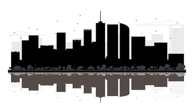 Vektor denver city skyline schwarz-weiß-silhouette mit reflexionen. vektor-illustration. einfaches flaches konzept für tourismuspräsentation, banner, plakat oder website. stadtbild mit wahrzeichen.