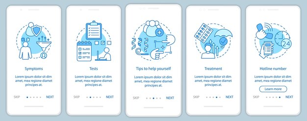 Depressionen überwinden die Vektorvorlage für den Onboarding-Bildschirm der mobilen App-Seite. Symptome, Tests, Behandlung. Walkthrough-Website-Schritte mit linearen Illustrationen. UX, UI, GUI-Smartphone-Schnittstellenkonzept