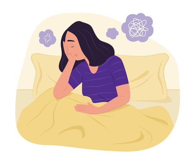 Depressive frau sitzt im bett mit emotionalem stress für psychische gesundheit konzept illustration