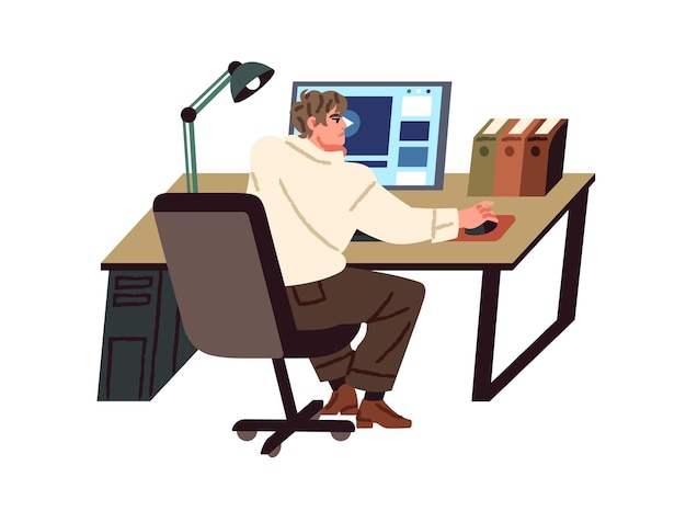 Depressiver Angestellter sitzt am Schreibtisch, arbeitet mit Computer-Rückblick, frustrierter Büroangestellter mit Burnout am Tisch, traurige, erschöpfte Person am Arbeitsplatz, flache isolierte Vektorillustration auf Weiß