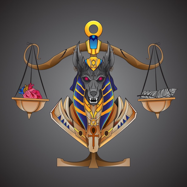 Der ägyptische gott anubis misst das menschliche herz und den stift auf heiligen waagen gott des todes