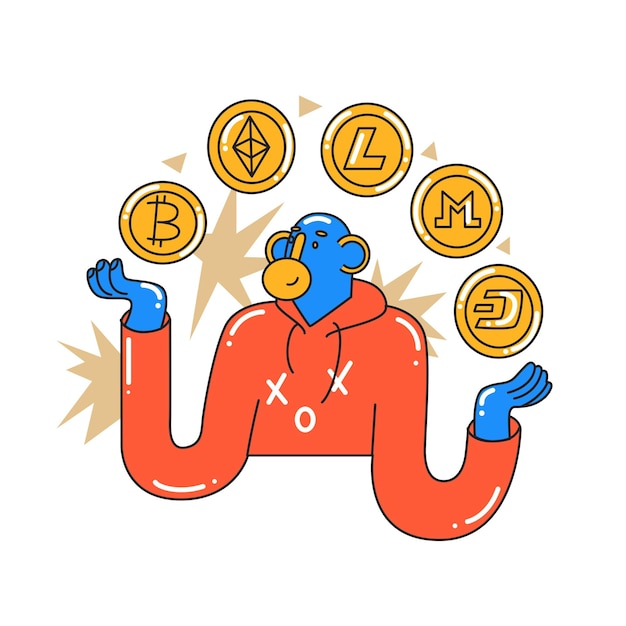 Der Affe wählt, welche Kryptowährung er kaufen soll Investment-Startup-Suche nach neuen erfolgreichen Geschäftsideen Cartoon-Stil in Vektorgrafik Isoliertes Objekt