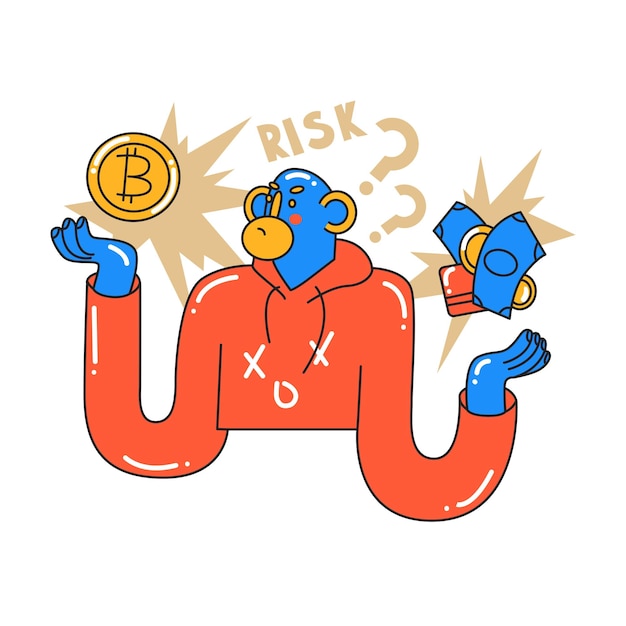 Der Affe zweifelt, ob es sich lohnt, in Bitcoin zu investieren. Erforschung des virtuellen Marktes für Kryptowährungen. Investment-Startup sucht nach neuen erfolgreichen Geschäftsideen Cartoon-Stil im Vektor