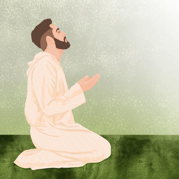 Der Araber führt ein traditionelles religiöses Ritual auf dem Teppich durch. Muslimischer Mann betet