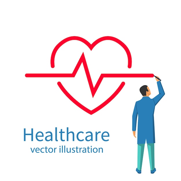 Der Arzt zeichnet einen Herzschlag als Symbol für das Gesundheitswesen Vektor-Illustration flaches Design isoliert auf weißem Hintergrund Abstrakte Vorlage medizinische Banner-Präsentation