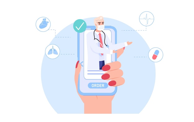 Vektor der arztcharakter in der gesichtsmaske bietet medikamente von der mobilen bildschirm-app an