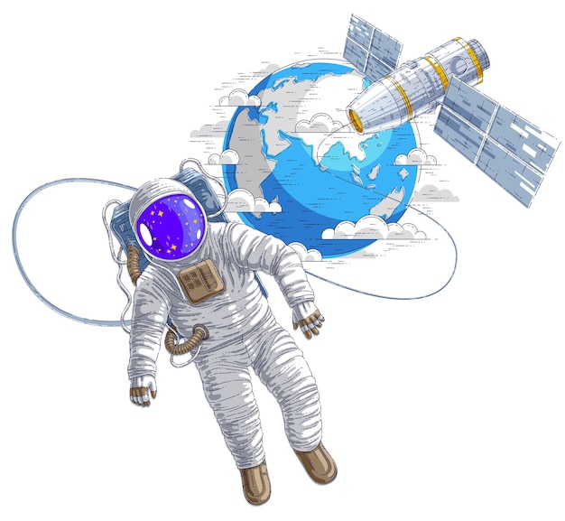 Der Astronaut ging hinaus in den offenen Weltraum, der mit der Raumstation und dem Erdplaneten im Hintergrund verbunden war, der Raumfahrer, der in der Schwerelosigkeit schwebte, und das iss-Raumschiff mit Sonnenkollektoren hinter ihm. Vektor.