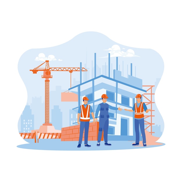 Der Auftragnehmer und das Arbeitsteam diskutieren und bewerten den Bauprozess am Projektstandort