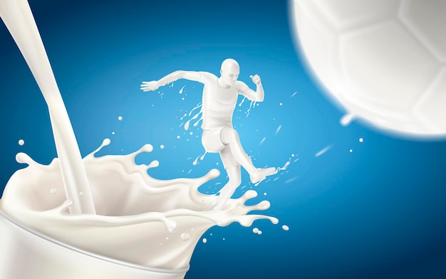 Der aus Milch hergestellte Fußballspieler tritt einen Fußball mit spritzender Milch, die auf blauer Wand in 3D-Darstellung isoliert ist