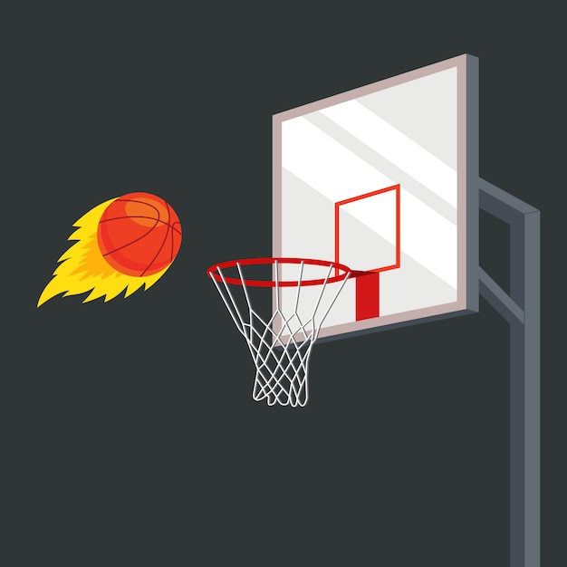 Der ball fliegt mit großer kraft in einen basketballkorb. flache vektor-illustration