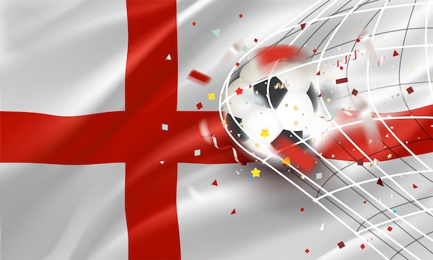 Der ball im fußballnetz zielvektorkonzept mit flagge von england 3d-vektorbanner mit unschärfeeffekt