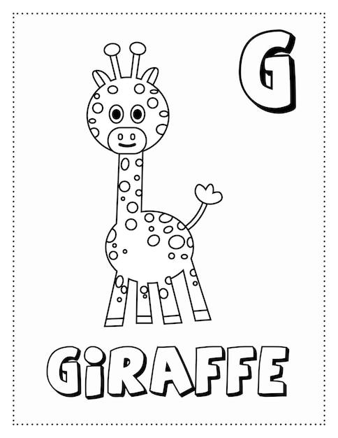 Vektor der buchstabe g steht für die malvorlage „giraffe“. malbuch mit buchstaben für kinder