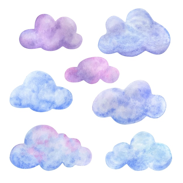 Der bunte himmel. eine reihe von cartoonwolken clipart in rosa, lila und blauen tönen.