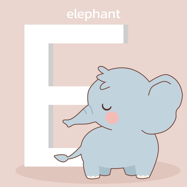Der charakter des niedlichen elefanten, der mit der großen schriftart e für az thema steht.