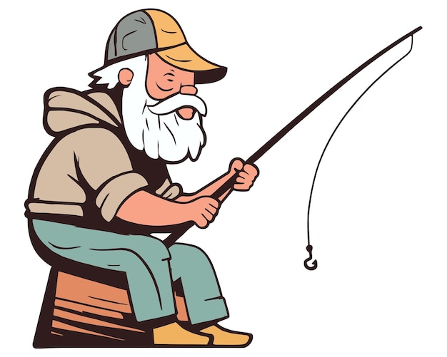 Der Charakter eines alten Mannes mit Mütze sitzt mit einer Angelrute und fischt zu seinem Vergnügen