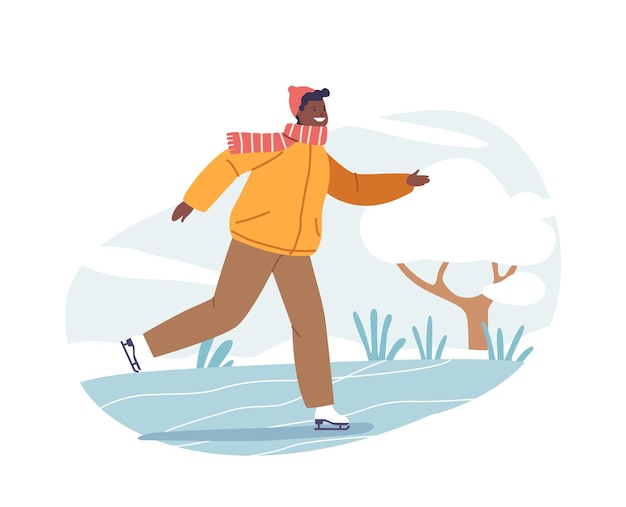 Der charakter eines kleinen jungen gleitet anmutig über die eisbahn, sein gesicht ist vor freude erleuchtet, während er mit der kälte unter seinen füßen tanzt, ein winterwunderland in bewegung, cartoon-menschen-vektor-illustration