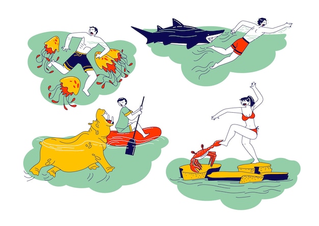 Der charaktersatz wird mit wassertieren nilpferd, krabben, quallen und haien angegriffen. tierangriff während reisen und erholung im freien, unerwartete situation. lineare menschen-vektor-illustration