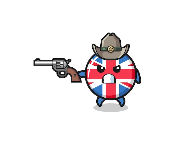 Vektor der cowboy mit der flagge des vereinigten königreichs schießt mit einer waffe, süßes design