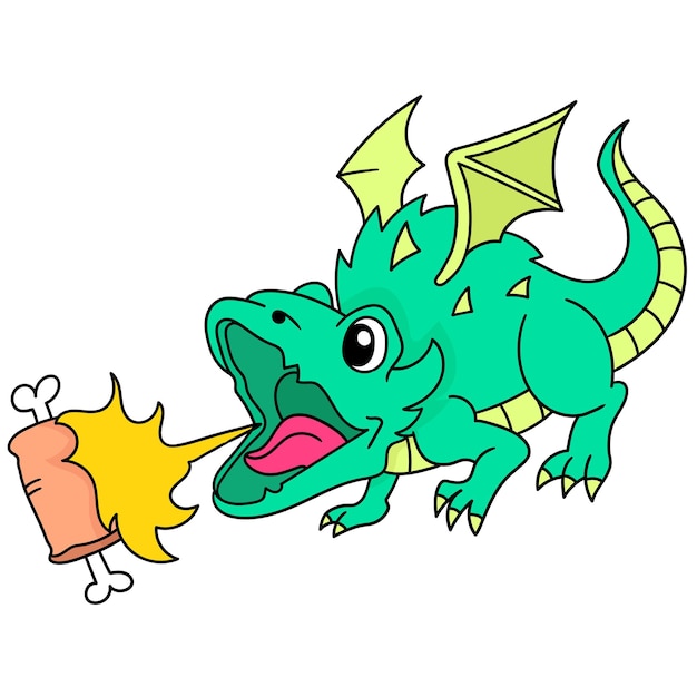 Der drache gab heiße flammen ab, um das fleisch zu braten, doodle draw kawaii. vektorillustrationskunst