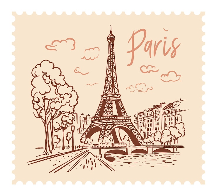 Vektor der eiffelturm in paris mit einer briefmarke im hintergrund der stadt wahrzeichen von paris