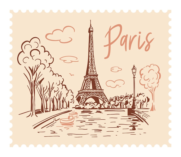 Vektor der eiffelturm in paris mit einer briefmarke im hintergrund der stadt wahrzeichen von paris