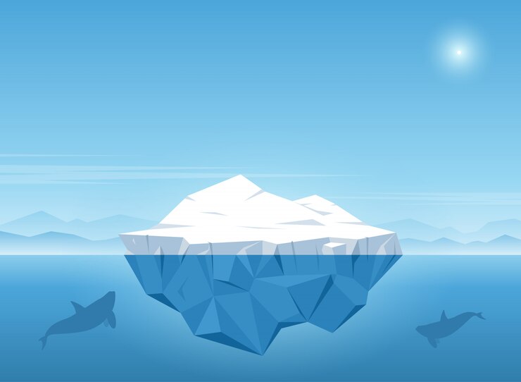 Vektor der eisberg, der in blauen ozean mit wal schwimmt, schwimmt unter dem eisberg. vektor-illustration