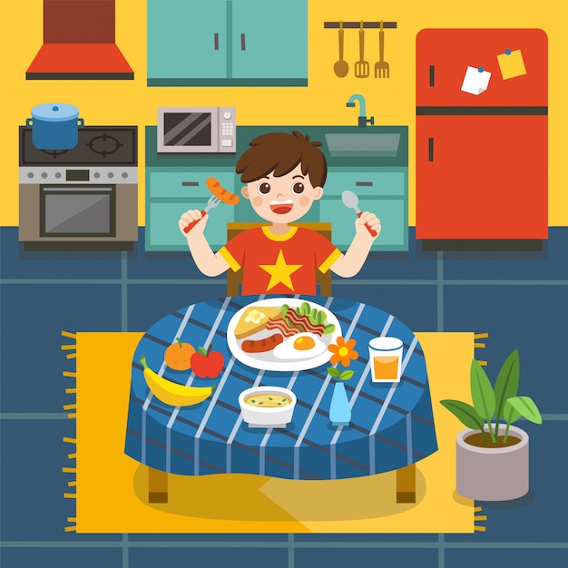 Der entzückende kleine junge frühstückt in der küche. er lacht, während er am tisch neben dem frühstücksteller sitzt. illustration.