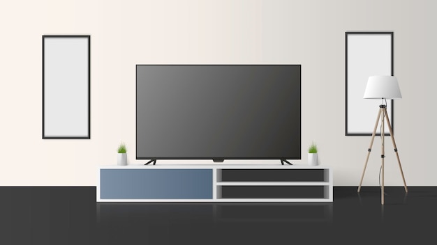 Der Fernseher steht auf der Kommode. Schalten Sie den Fernseher aus, einen langen Nachttisch im Loftstil, einen hellen Raum.