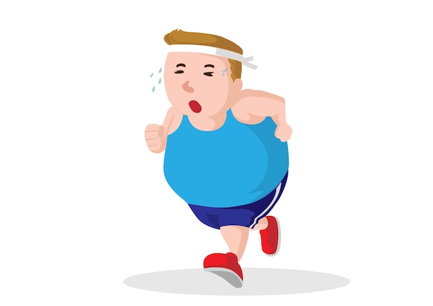 Vektor der fette mann ist müde vom joggen. er möchte abnehmen und einen perfekten körper bekommen. cartoon-illustrationsvektor im flachen stil