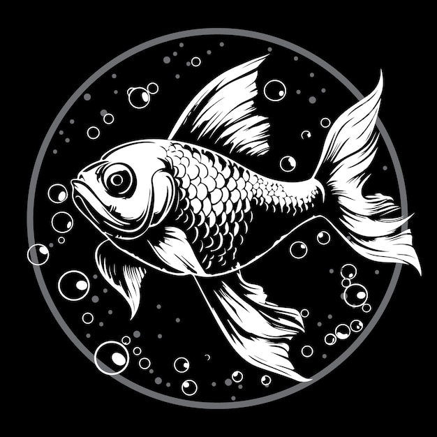 Der Fisch schwimmt im Wasser. Monochrome Vektorzeichnung isoliert auf schwarzem Hintergrund