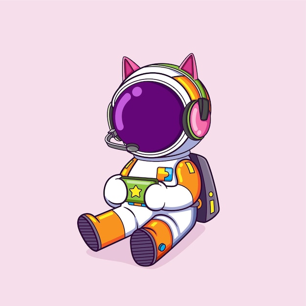Der Gamer-Astronaut spielt im Sitzen ein Handyspiel auf dem Handy