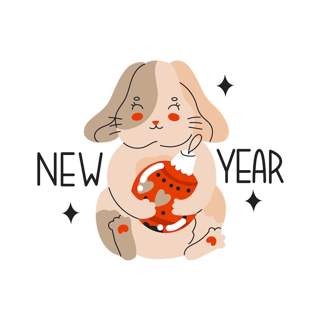 Der hase hält ein weihnachtsspielzeug zitat neujahr der hase ist das symbol des chinesischen neujahrs weihnachten osterhase für grußkarten sternzeichen vektor-illustration im cartoon-stil