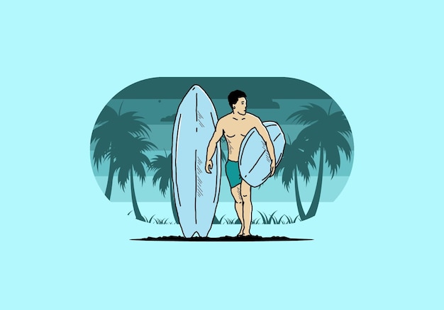 Der hemdlose mann, der surfbrettillustration hält