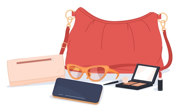 Der Inhalt einer Handtasche für Frauen Modische Lederaccessoires Kosmetika Smartphone-Brillen