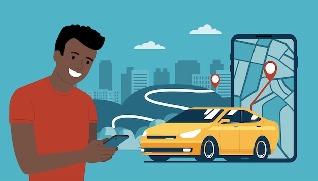 Der junge afro-mann nutzt auf ihrem smartphone eine autovermietung oder einen taxiservice. vektor-illustration.