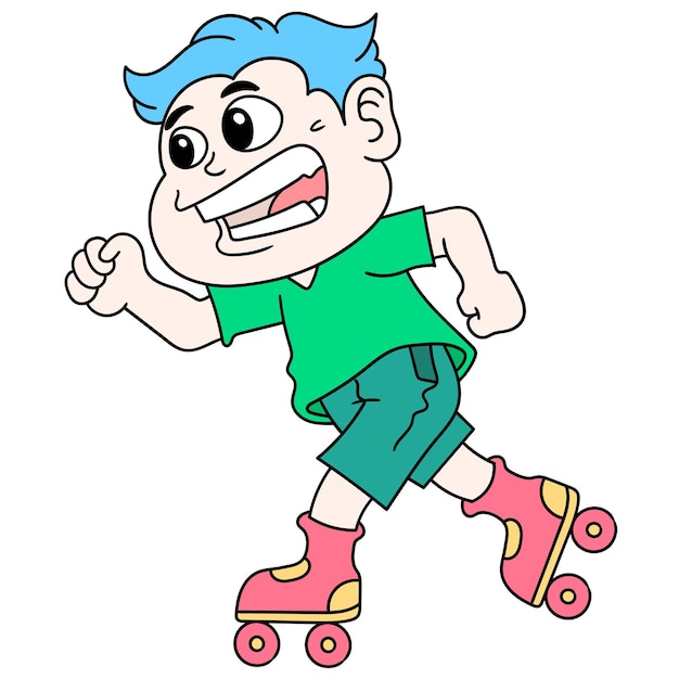 Der junge ist glücklich rollschuhlaufen, charakter süß doodle zeichnen. vektor-illustration