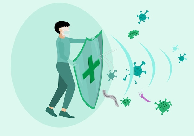 Der junge Mann hat ein Schild als Symbol des Schutzes vor Angriffen des Coronavirus und verschiedener Krankheitserreger. Außerdem trägt er xDxAFace ShieldxDxAGloves und Masken