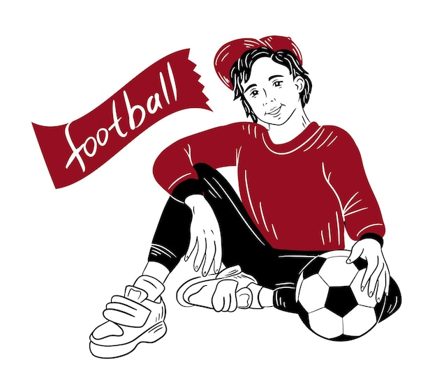 Der Junge sitzt auf dem Boden und hält den Ball. Fußball Weltmeisterschaft. Vektor-Illustration