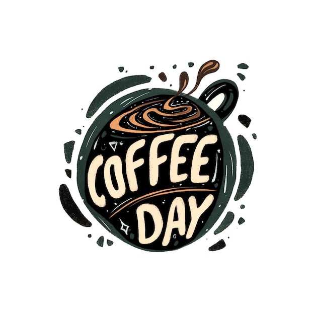 Der Kaffeetag ist eine lustige und kreative Art, Kaffee zu promoten. Eine Kaffeetasse mit einem Kaffeewirbel, umgeben von einem Kreis. Der Text Kaffeetag wird in einem spielerischen und künstlerischen Stil geschrieben.