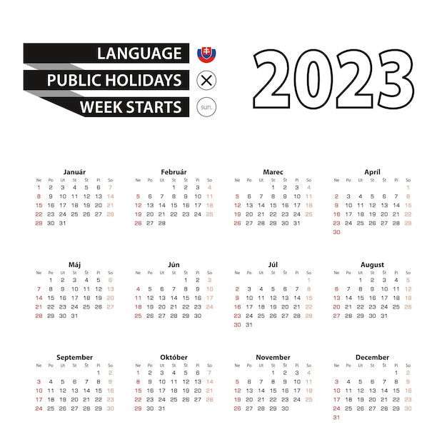 Der kalender 2023 in slowakischer sprache beginnt am sonntag