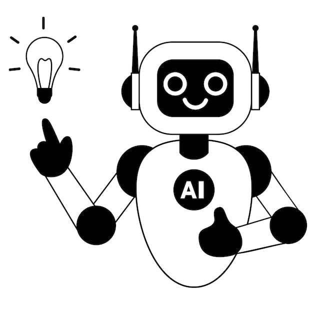 Der KI-Roboter zeigt auf die Glühbirne und entwickelt eine innovative Geschäftsidee oder -strategie