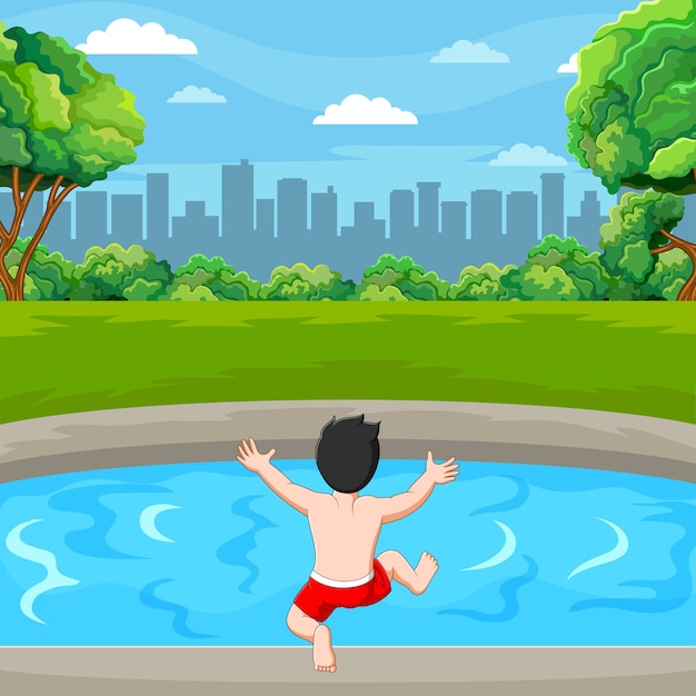 Der kleine junge wird im teich in der nähe der stadt schwimmen