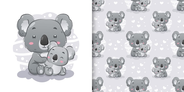 Der koala, der nahe dem babykoala im mustersatz der illustration sitzt und aufwirft