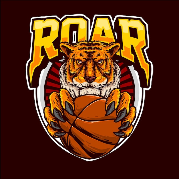 Der kopf des tigers hält einen basketballball für das logo des basketballclubs