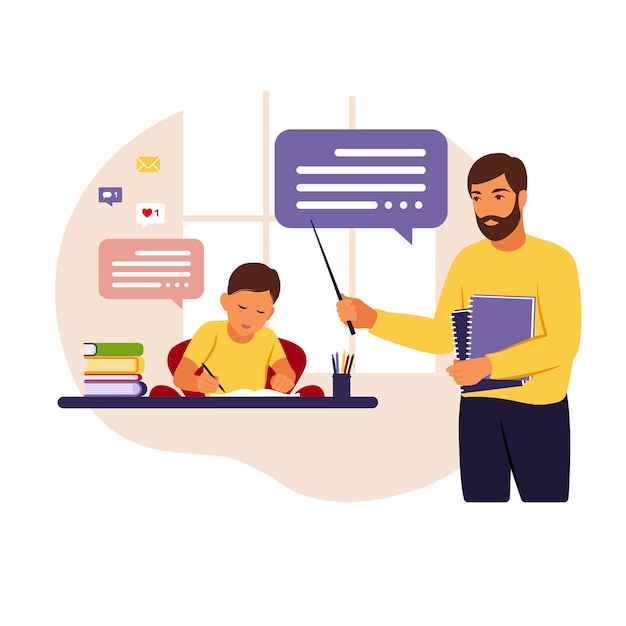 Der Lehrer unterrichtet den Jungen zu Hause oder in der Schule. Konzeptionelle Illustration für Schule, Bildung und Homeschooling. Flache Artillustration.